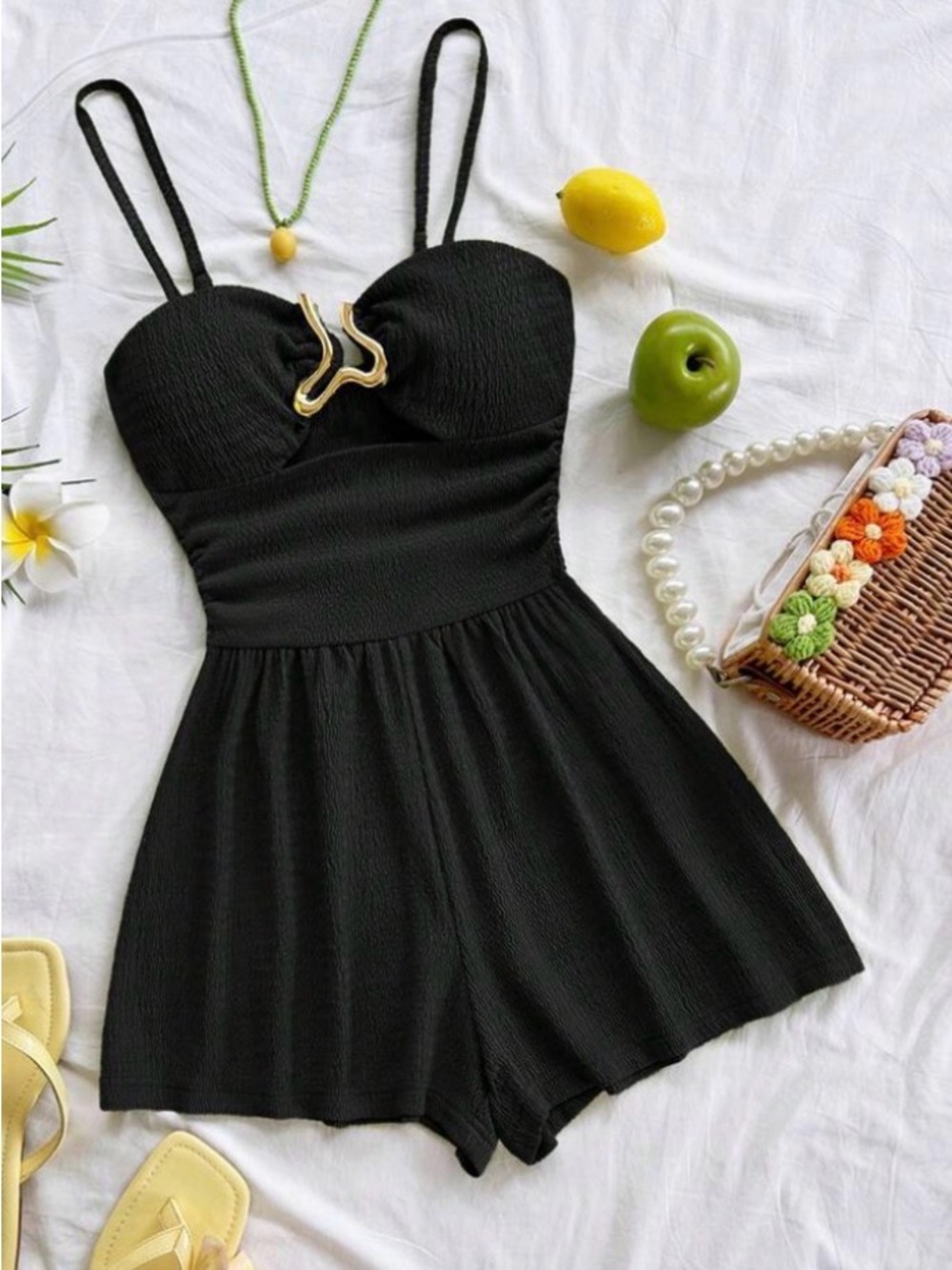 Women’s Black Strap Romper with Gold Accent